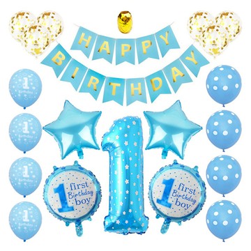 1歲白點生日派對套裝 生日快樂橫幅 圓形氣球 1字樣氣球 星星氣球 亮片氣球 波點氣球  粉藍  1組