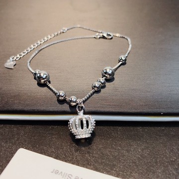 香港正生s925銀新品光珠皇冠腳鏈女可調節氣質個性百搭潮學生森系