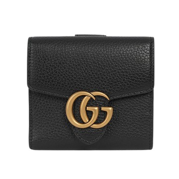 GUCCI Marmont 金色標誌粒紋皮革釦式二折短夾(黑色)