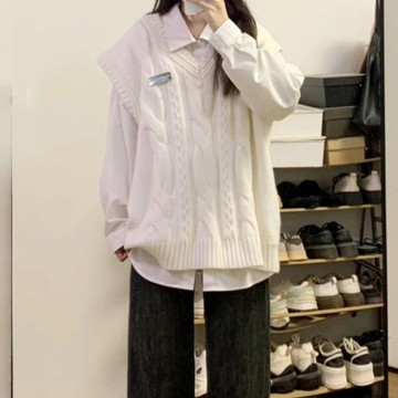 臺灣/✨馬甲 針織背心 毛衣日系校園風麻花v領針織毛衣馬甲鐵牌背心女學生秋+長袖襯衫兩件套