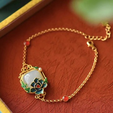 S925銀鍍金琺瑯彩燒藍手鏈國風仿和田玉民族風故宮款牡丹植物手飾