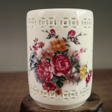 景德鎮陶瓷器花開富貴筆筒 牡丹圖筆筒 辦公用品 文房四寶擺件