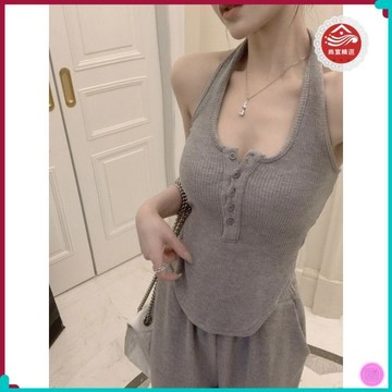 🎀超夯女裝🎀灰色夏季純欲風套裝女性感辣妹掛脖U領不規則上衣闊腿褲兩件套潮