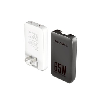 POLYWELL 65W雙Type-C輕薄型快充頭 電源供應器 GaN 可充筆電 S014P02