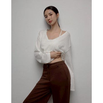 CHIC A SPACE 2WAY V領長袖短版針織上衣細肩帶背心套裝(白/深灰/淺藍) 女裝 現貨