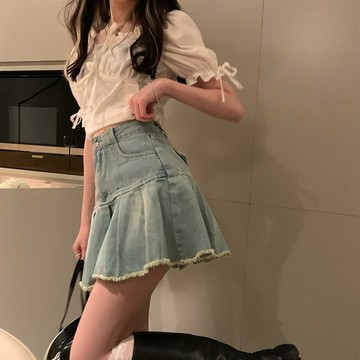 胖胖美依 牛仔短裙  A字裙  S-L新款半身裙女辣妹高腰顯瘦a字短裙小眾百褶裙GB210B-A922.