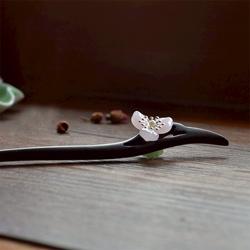 原創手工黑檀木發簪盤發復古典發飾頭飾簪子粉花羽翼漢服禮物1入