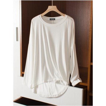 莫代爾女夏早秋薄款圓領長袖T恤前短后長不規則下擺內搭外穿上衣