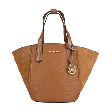 MICHAEL KORS PORTIA簡約絨面拼荔枝紋皮革扇形托特包-小/棕 _廠商直送