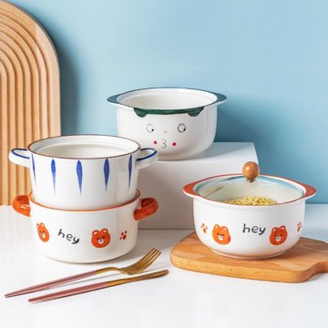 陶瓷雙耳泡面碗帶蓋家用湯面碗創意宿舍碗學生打飯碗高顏值便當碗