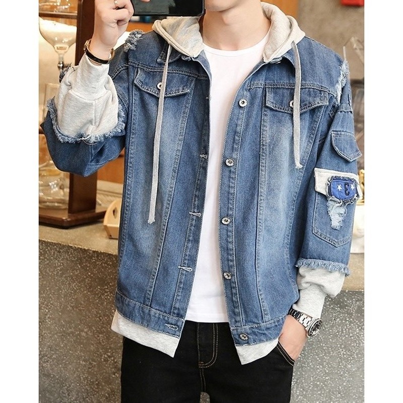 ジージャン Gジャン デニムジャケット メンズ アウター 春秋 パーカー フード付き 重ね着風 フェイクレイヤード ドッキング 合体 スウェット生地 通販 Lineポイント最大1 0 Get Lineショッピング