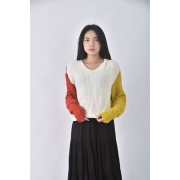 (F) 質感撞色杏色長袖上衣二手衣