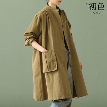 初色 文藝風寬鬆立領長袖風衣外套女外套-共2色-38520(L-XL可選)