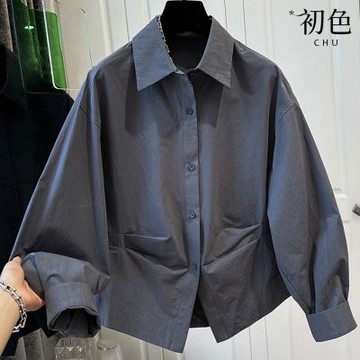 初色 韓系通勤風純色褶皺收腰翻領單排釦長袖襯衫上衣女上衣-共2色-16702(M-2XL可選)