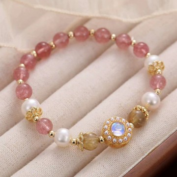 【柏林花事】天然草莓晶+金髮晶珍珠水晶手鍊/水晶手串
