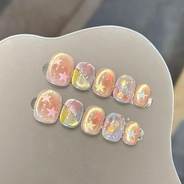 【星星糖】馬卡龍可愛貓眼豆豆甲 精緻多巴胺純手工穿戴甲 ins風高級顯白手作美甲 魔鏡粉精品美甲貼片 穿帶式假指甲貼片