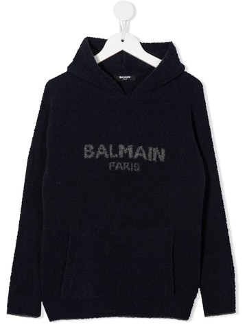Balmain Kids - intarsia-knit logo hooded jumper - kids - Polyamide/Virgin Wool - 10 - Blue