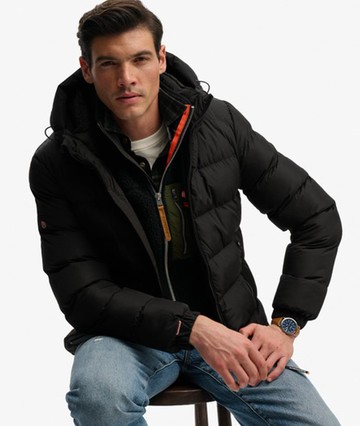 Superdry Men's Hooded Sports Puffer Jacket Black Size: Xxl