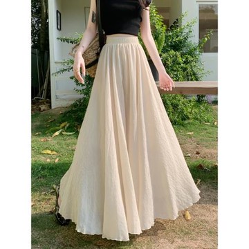 冰絲棉麻百褶半身裙女夏季薄款松緊高腰顯瘦垂感a字大擺傘裙長裙