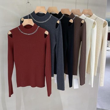 半高領鑲鉆露肩純色長袖套頭針織打底衫女2024年秋季新款內搭上衣