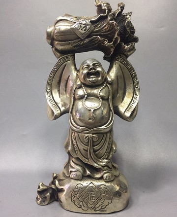 古玩古董收藏仿古白銅精品銅器招財進寶彌勒佛笑迎百財升官發財