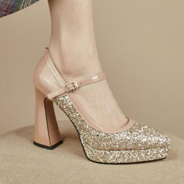 防水臺高跟鞋女婚鞋2025新款真皮亮片粗跟一字扣帶淺口單鞋新娘鞋
