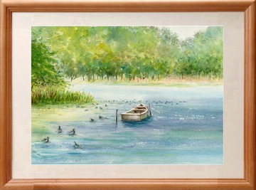 原創水彩畫：靜靜的池塘、日本船和鴨子