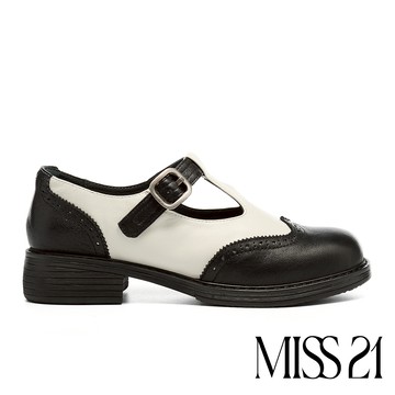 MISS 21 復古少女牛津撞色T字帶全真皮大頭瑪莉珍高跟鞋－白