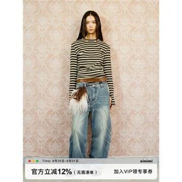 oinimi 分割彎刀拉垮牛仔褲 中低腰做舊水洗 直筒微繭型