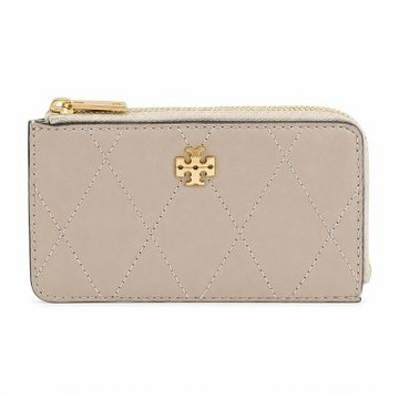 TORY BURCH CHARLIE 荔枝紋皮革菱格絎縫拉鍊卡片/零錢夾(柔霧米灰)