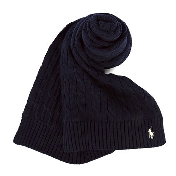 POLO Ralph Lauren刺繡小馬棉質麻花針織圍巾(海軍藍)780802-405｜GoBrand購名牌