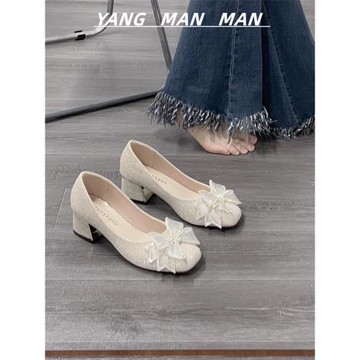 單鞋女2025春季新款法式尖頭淺口配裙子網紅粗跟伴娘百搭氣質單鞋