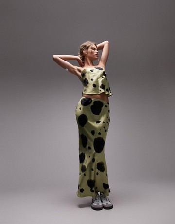 Topshop co-ord satin bias maxi skirt with large spot in sage-Green
