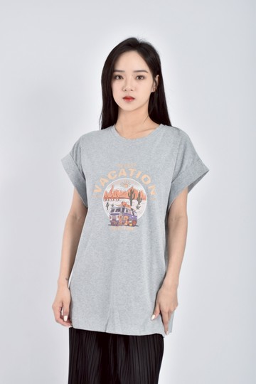 (L) 質感棉質印花灰色短袖上衣