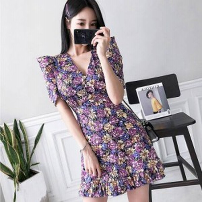 ワンピース ドレス パーティードレス レディース ミニワンピース 花柄 袖あり 五分袖 Vネック フリル裾 袖コンシャス フェミニン 大人か 通販 Lineポイント最大1 0 Get Lineショッピング