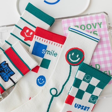 大唐襪業 D162 時尚笑臉襪日系棉襪學院風格子襪長襪女士中筒襪滑板襪學生襪子