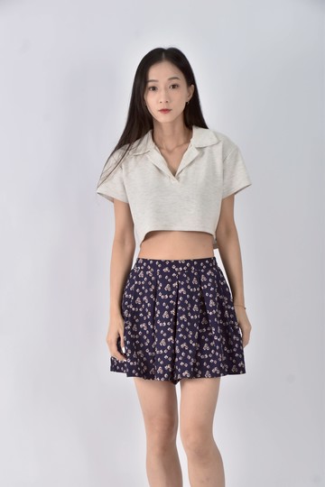 (S) 高腰碎花花卉鬆緊藍色短褲
