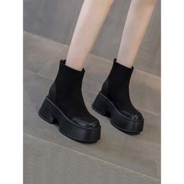 超高跟短靴防水臺厚底小個子顯瘦切爾西靴磨砂靴子后拉鏈馬丁靴女