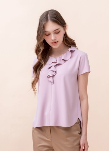 簡雅時尚荷葉飾領落肩袖厚雪紡上衣