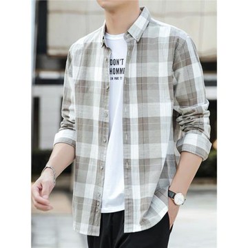 秋季新款男士純棉長袖襯衫格子寬松休閑襯衣上衣青年男裝外套衣服