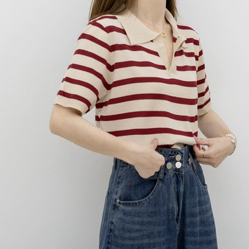 【新品熱賣】條紋針織衫polo領顯瘦短款百搭短袖T恤女夏冰絲翻領薄上衣女