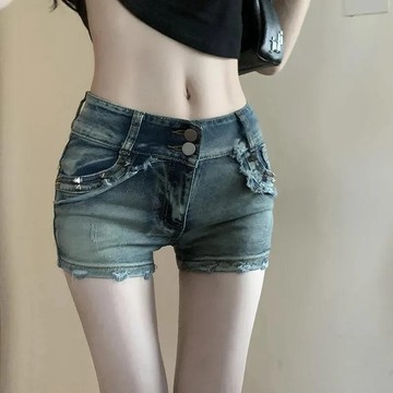 短褲 C185 低腰超短褲 美式辣妹柳丁低腰牛仔超短褲 女修身顯瘦 彈力包臀熱褲潮流
