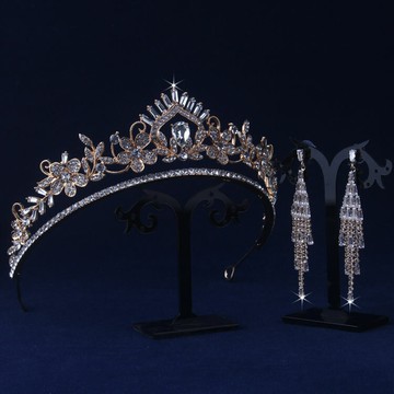 原創新款新娘婚紗頭飾結婚皇冠耳環飾品金色銀色發飾網紅生日王冠