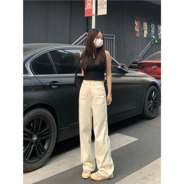 純哥家米白色直筒牛仔褲女2025春夏新款高腰顯瘦垂感窄版闊腿褲子