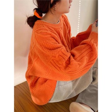 橘色粗麻花圓領毛衣女秋冬慵懶風寬松套頭溫柔軟糯針織衫上衣加厚