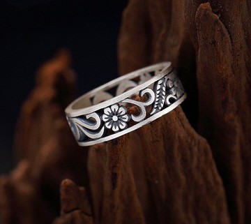 真 990 純銀手工珠寶雕刻復古鏤空女性開口手指