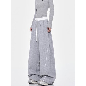 KEN STUDIO春夏新款灰色抽繩闊腿運動褲女設計感寬松休閑褲衛褲