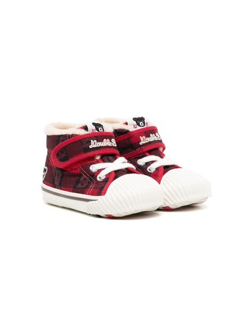Miki House - check-print cotton sneakers - kids - Cotton/Polyester/Synthetic Rubber - 23 - Red