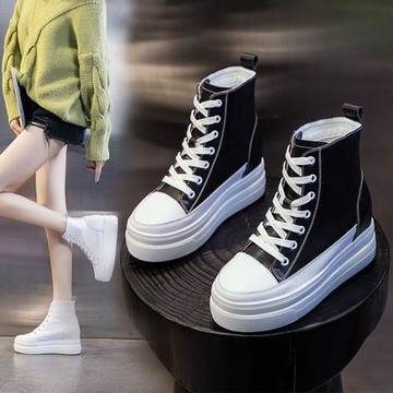 真皮高幫小白鞋女內增高2025新款春季厚底松糕鞋加絨短靴子百搭潮