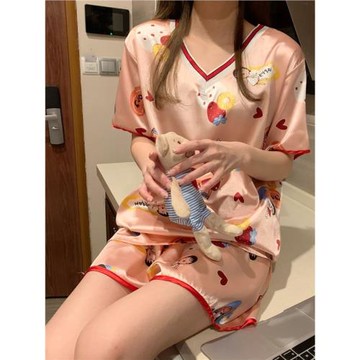 睡衣女夏短袖絲綢性感夏天女人大碼V領家居服兩件套冰絲短褲套裝